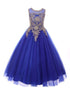 Girls Royal Blue Gold Rhinestone Cording Illusion Flower Girl Dress 4-16 - SophiasStyle.com